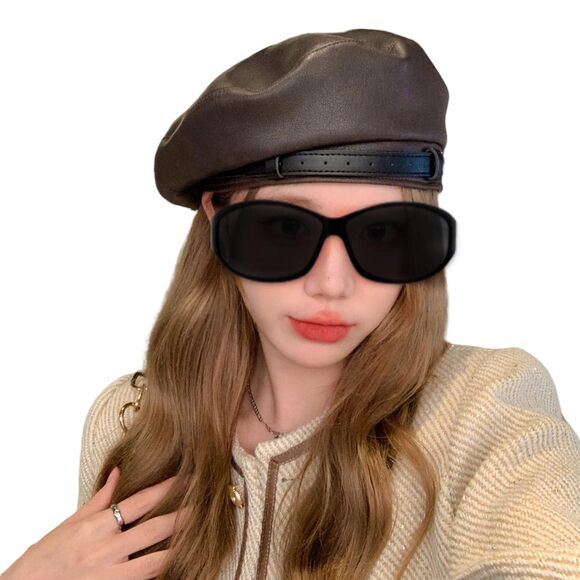 9872 Women Pu Leather French Black Beret Hat Causal Beanie Hat main image 6